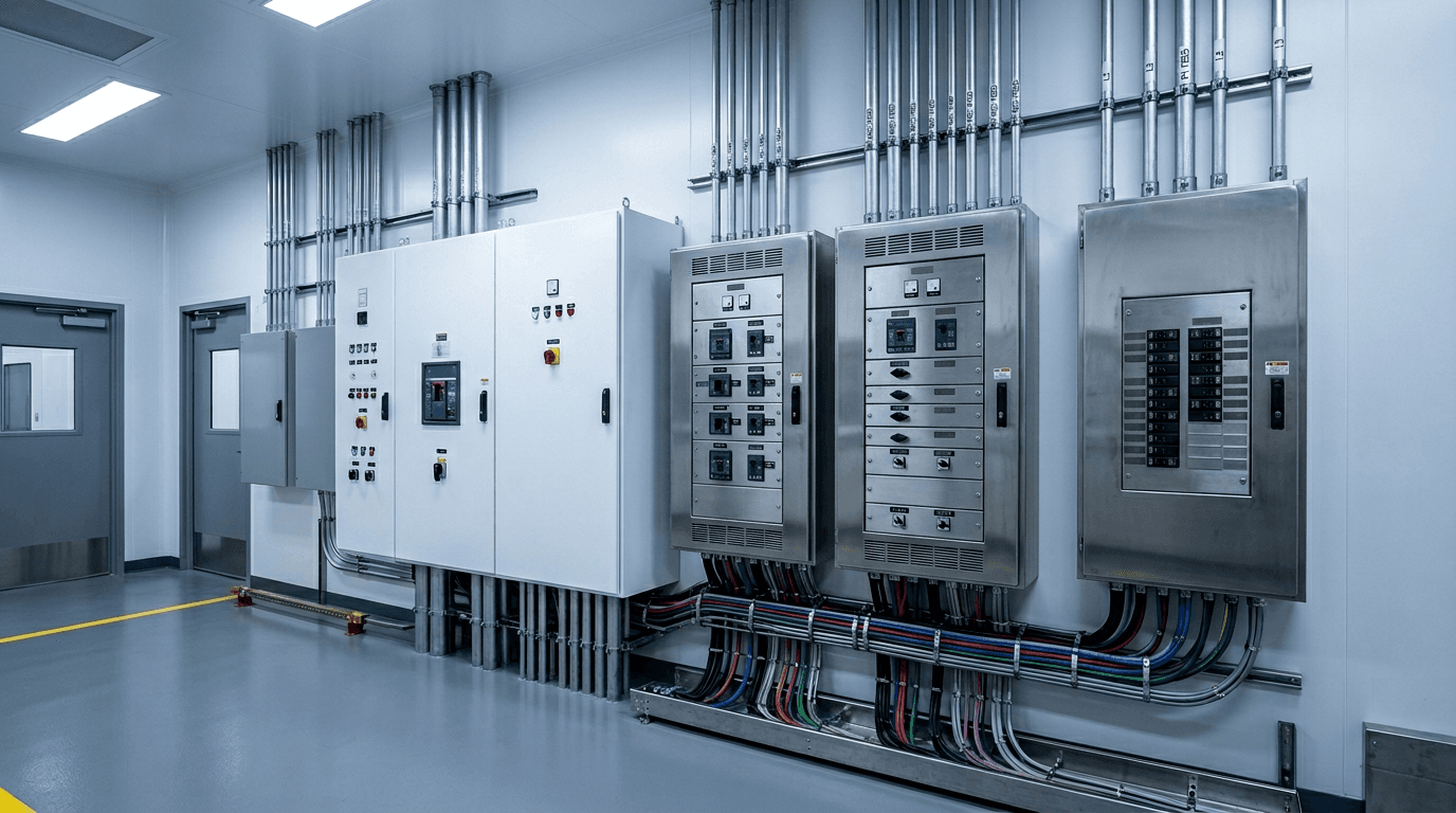 Cleanroom electrical power distribution panels and conduit runs
