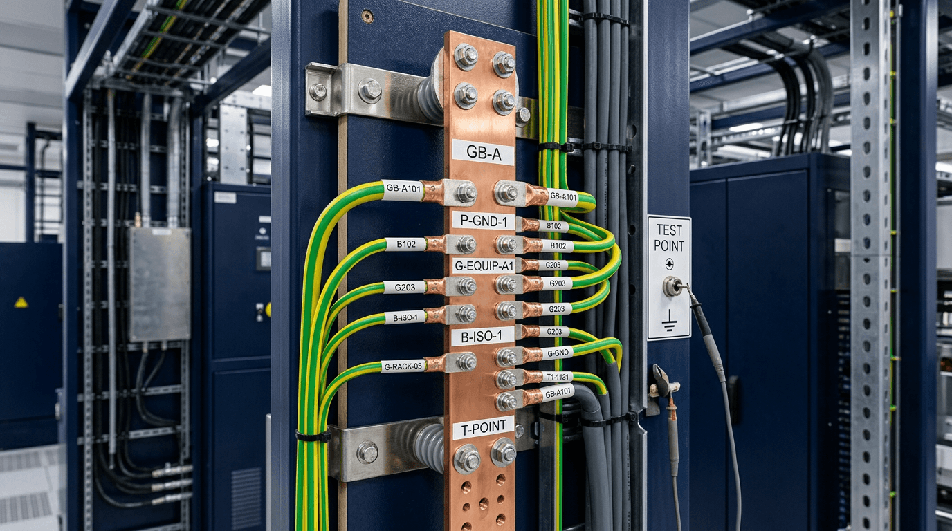Industrial copper grounding bus bar with labeled bonding conductors